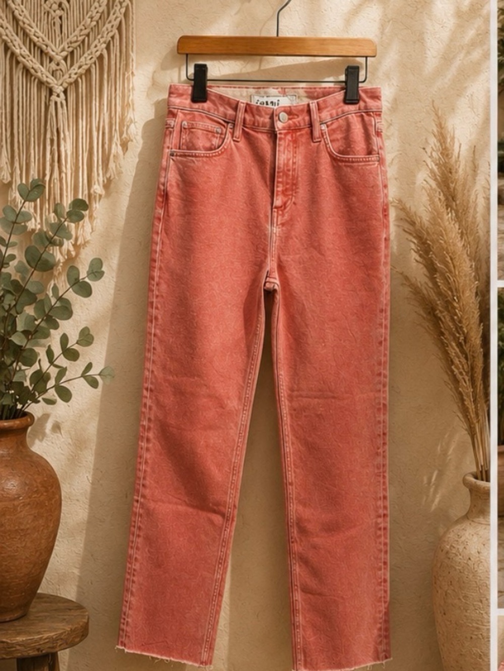 Frank & Eileen Derry Jeans Coral Orange High Rise Straight Leg Raw Hem NWOT